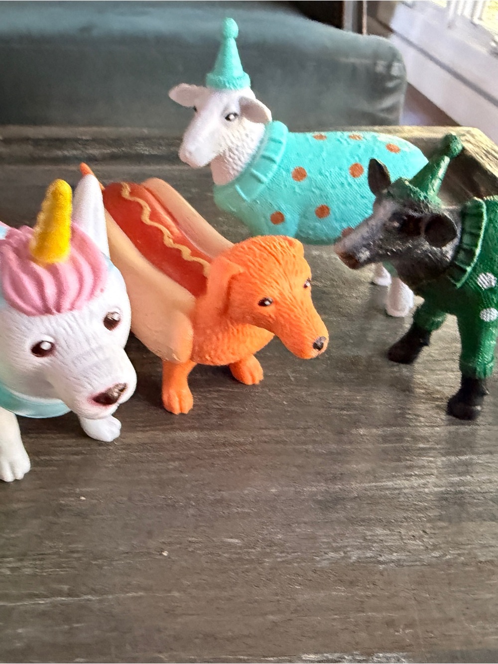 Set of 7 Novelty Toy Animal Figures - two horses, cow, sheep, and 3 dogs.